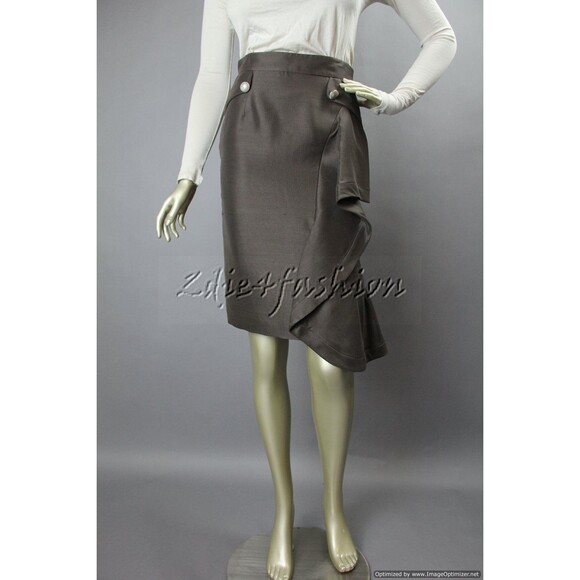 $1990 VALENTINO Stylish Brown Raw Silk Ruffle Flare Pencil Logo Skirt 2 - Picture 2 of 7